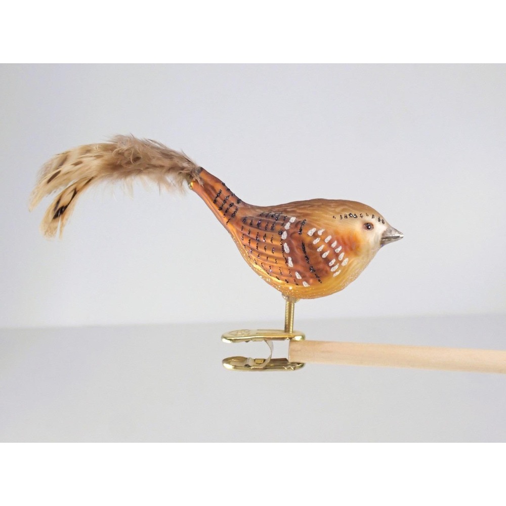 Vintage Old World Christmas OWC Clip On Glass Bird Ornament Feather Tail Gold